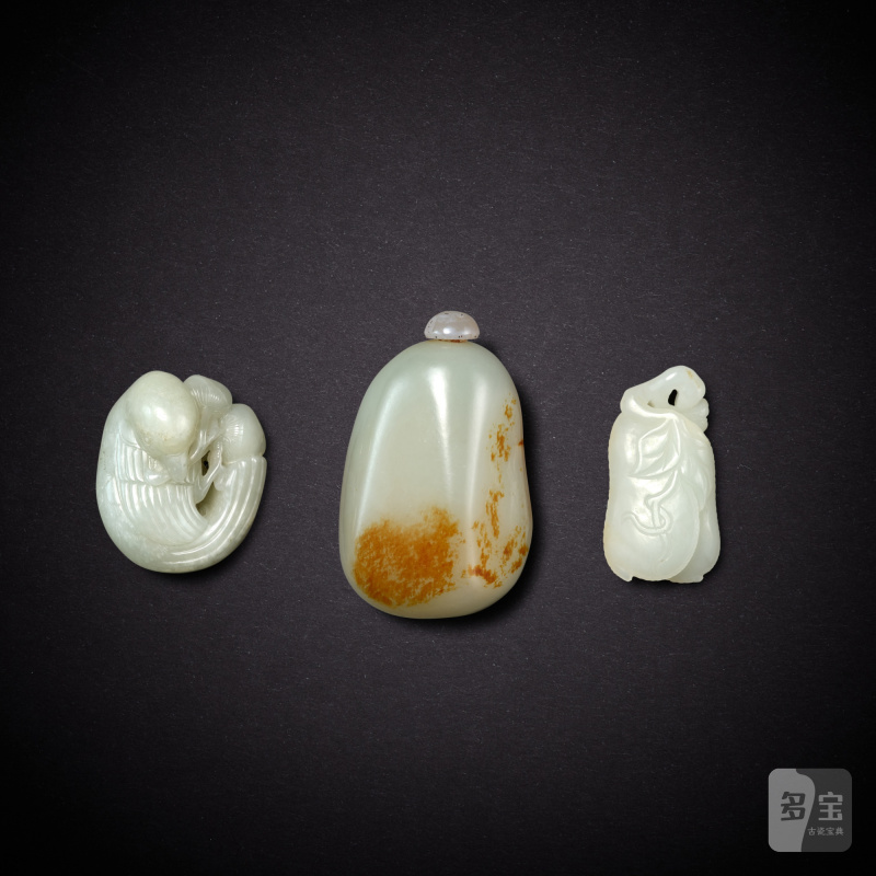 Three white jade ornaments, Qing dynasty, 19th century - 20th century | 清十九世紀至二十世紀 白玉墜兩件及鼻煙壺一件
